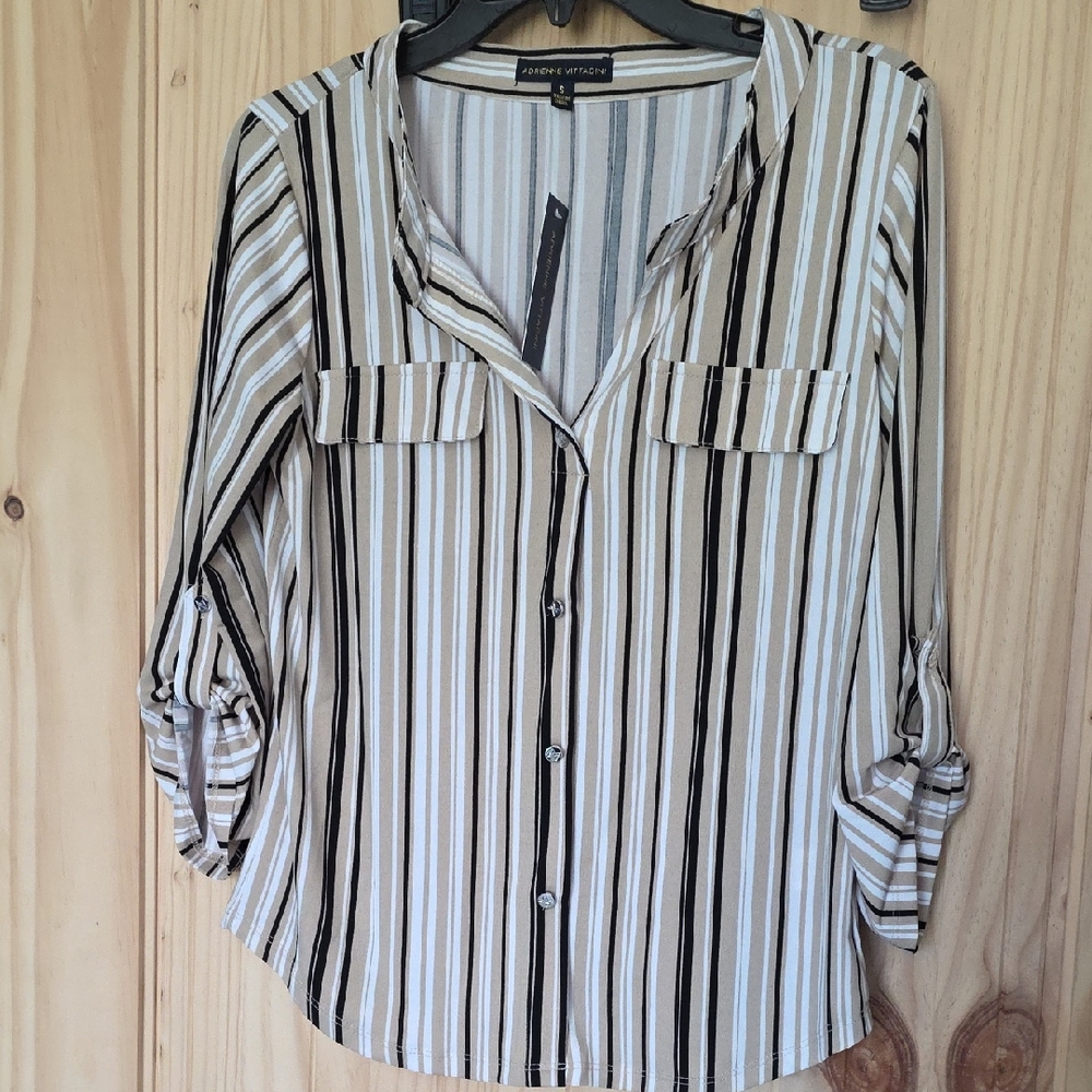 Forever 21 Women's Button-Down Shirt - Black, White, and Tan Stripes